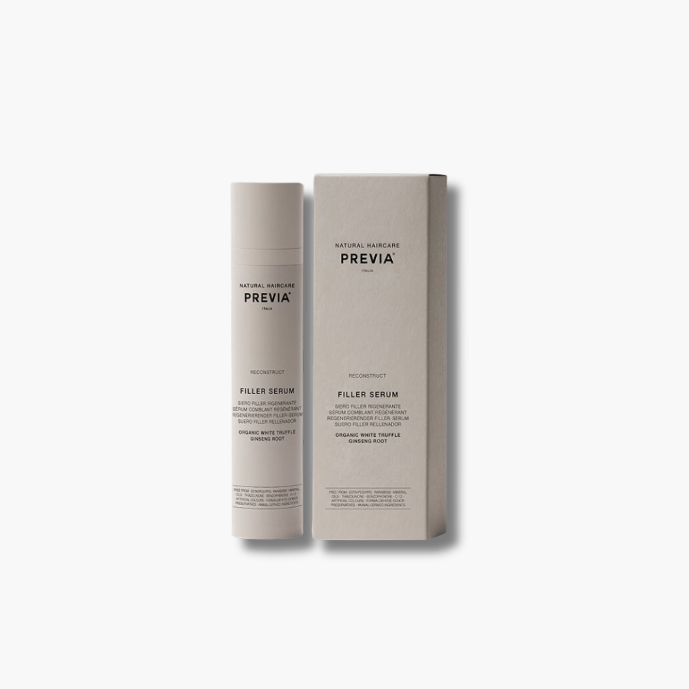 Previa Reconstruct Filler Serum 50 ml | Køb hos HairByCshop.dk. Dette regenererende serum er specielt udviklet til at reparere og genopbygge beskadiget og skrøbeligt hår. Med en dybdegående anti-age effekt styrker det håret indefra, gør det sundt og stærkt, samtidig med at det beskytter mod varme, eliminerer spaltede spidser og efterlader håret blødt og skinnende. Anvendes i fugtigt eller tørt hår; fordel jævnt og style som ønsket. Fri for kunstige farvestoffer og ingredienser af animalsk oprindelse.